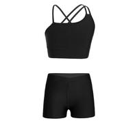Freebily Tuta da Ginnastica Bambina Crop Top Sportivi Ragazza Stringer Tank Gym Pantaloncini Aderenti Corsa Leggins Corti Vita Alta Fitness Completo Danza Moderna Saggio Nero D 7-8 anni