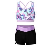 Freebily Tuta Ginnastica Artistica Bambina Crop Top Canottiera Stringer Ragazza Pantaloncini Vita Bassa Elastica Leggins Corti Sportivi Fitness Completo Danza Moderna Farfalla M 5-6 anni