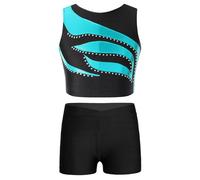 Freebily Tuta Ginnastica Artistica Bambina Crop Top Canottiera Stringer Ragazza Pantaloncini Vita Bassa Elastica Leggins Corti Sportivi Fitness Completo Danza Moderna Blu verde O 11-12 anni