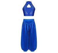 Freebily Tuta Ginnastica Artistica Bambina Lucida Completo da Danza del Ventre Crop Top da Balletto Canotta con Paillettes + Pantaloni a Gamba Larga Costume Carnevale Blu 11-12 anni