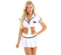 Freebily Uniforme Polizia Donna Poliziotta Costume Sexy Carnevale Cosplay Halloween Assistente di Volo Costume Erotico Crop Top Corto Mini Gonna a Pieghe Bianco Taglia Unica
