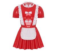 Freebily Uomo Costume da Cameriera Francese Maniche Corte Abito Maid Dress Sissy Lingerie con Grembiule Wetlook Maid Dress Costume Carnevale Halloween in Pelle Verniciata Rosso 4XL