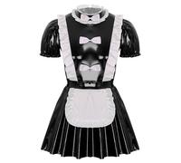 Freebily Uomo Costume da Cameriera Francese Maniche Corte Abito Maid Dress Sissy Lingerie con Grembiule Wetlook Maid Dress Costume Carnevale Halloween in Pelle Verniciata Nero 3XL
