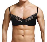 Freebily Uomo Reggiseno Senza Ferretto Push Up Triangolo con Tracolla Regolabile Pizzo Floreale Prospettiva Ssisy Lingerie Sexy Gay Bralette Cosplay Costume Nero Large