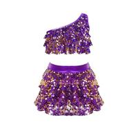 Freebily Vestito da Ballo Bambina Latino Americano Monospalla Abito da Ballo Tango Paillettes Crop Top Canotta + Gonna di Danza Classica Culottes Vestito da Pattinaggio Jazz Viola 13-14 Anni