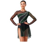 Freebily Vestito da Pattinaggio Artistico Donna Balletto Body Danza Classica Ginnastica Ritmica Manica Lunga Strass Leotard Abito da Balletto Ballo Lirico Contemporaneo Verde Scuro S