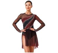 Freebily Vestito da Pattinaggio Artistico Donna Balletto Body Danza Classica Ginnastica Ritmica Manica Lunga Strass Leotard Abito da Balletto Ballo Lirico Contemporaneo Borgogna S