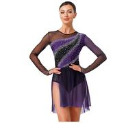 Freebily Vestito da Pattinaggio Artistico Donna Balletto Body Danza Classica Ginnastica Ritmica Manica Lunga Strass Leotard Abito da Balletto Ballo Lirico Contemporaneo Viola S