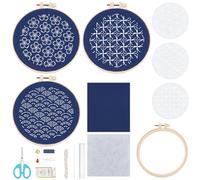 FREEBLOSS Sashiko, set da 3 kit da ricamo con stencil in PET, include filo, aghi, tessuto, cucito a mano, per adulti