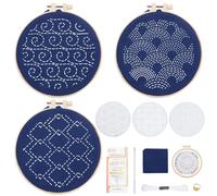 FREEBLOSS Set da ricamo Sashiko, set da 3 pezzi per principianti, con filo da ricamo, aghi, set da cucito a mano in tessuto e cornice per adulti