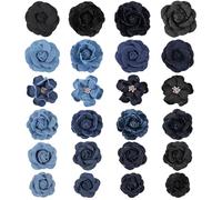 FREEBLOSS Set di 24 toppe in tessuto denim, a forma di fiore, 1,3", 3 pezzi, fai da te, per fermagli per capelli, decorazione di fiori in tessuto, per il fai da te, colore: blu e nero