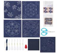 FREEBLOSS Set di 4 Sottobicchieri Sashiko a Fiori - Kit per La Creazione di Sottobicchieri per Bambini e Adulti - Include Tessuto, Filo e Aghi per Cucito a Mano