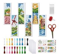 FREEBLOSS Set di 6 segnalibri a punto croce con stampa con scena rurale, con kit per punto croce, per adulti, fai da te, 20,3 x 6,1 cm