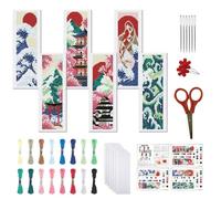 FREEBLOSS Set di 6 segnalibri a punto croce in stile giapponese, con kit per punto croce e istruzioni (lingua italiana non garantita), per adulti, fai da te, 20,3 x 6,1 cm