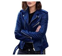 Freenfitmall Cappotto da donna Scuro Academia Primavera Autunno Cerniera Giacca Moto Donne Breve Giacca In Pelle, Colore: blu., XL
