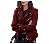 Freenfitmall Cappotto da donna Scuro Academia Primavera Autunno Cerniera Giacca Moto Donne Breve Giacca In Pelle, Borgogna, XXL