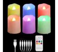 FREEPOWER 6 Candele LED Ricaricabili RGB con Telecomando Timer Fiamma Tremolante, Cambia Colore Lumini LED Elettriche con Cavo USB, Dimmerabili, Decorazione per Natale Halloween, 4 x 4.5cm