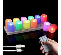 FREEPOWER Set di 12 candele LED ricaricabili colorate con stazione di ricarica, cavo USB e telecomando - Timer - Sfarfallio - Dimmerabile - Ø4 x 4,5cm