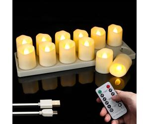 FREEPOWER Set di 12 lumini a LED ricaricabili con stazione di ricarica, cavo USB e telecomando - Funzione timer, tremolante in bianco caldo, Ø4x4,5cm