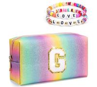 Freesya Regali per ragazze, borsa per il trucco preppy con iniziale, carina roba alla moda per ragazze adolescenti, astuccio cosmetico con cerniera liscia, idea regalo di compleanno per figlia,