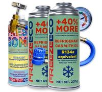 FREEZECO R134a Set di 2 scatole di refrigerante di ricambio 2 in 1 con olio di riempimento per aria condizionata per auto 1995-2016, 235 g + tubo di pressione con manometro + refrigeratore Bomba 136 g
