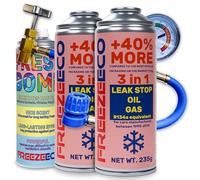 FREEZECO R134a Set di 2 scatole di refrigerante di ricambio 3 in 1 per il riempimento dei condizionatori d'aria per auto 1995-2016, 235 g + tubo di pressione con manometro + Bomba rinfrescante 136 g
