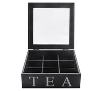 Frefgikty Scatola da tè in legno a 9 scomparti, contenitore per bustine di tè, scatola regalo quadrata, coperchio superiore trasparente, scatola per gioielli, colore nero