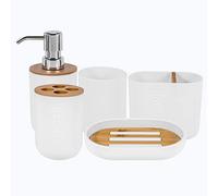 Frefgikty Set da bagno in bambù da 5 pezzi, porta scopino per WC, tazza di vetro, dispenser di sapone, portasapone, accessori da