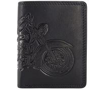 Fregery Portafoglio in pelle da uomo con protezione RFID con scomparto per monete e goffratura (marrone, verticale, moto, Harley Davidson), Nero , Hochformat schwarz, Classico
