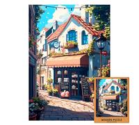 French Bakery Street Wooden Puzzle | Cozy Paris Cafe with Cakes y Flowers | Romantic European Alley Puzzle | Gift for Food and Travel Lovers (S-50PECES)