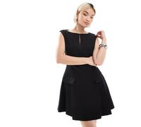 French Connection - Azra - Vestito corto a pieghe in twill nero con vita scesa 38