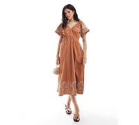 French Connection - Cambria - Vestito midi in cotone ricamato marrone caffè 46