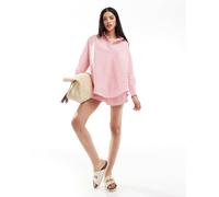 French Connection - Camicia popover in popeline rosa a righe bianche in coordinato-Multicolore 46