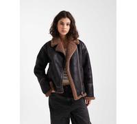 French Connection - Giacca biker nera con fodera in pile borg marrone-Nero L