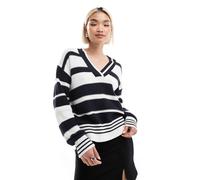 French Connection - Maglione stile college bianco a righe blu navy con scollo a V-Multicolore S