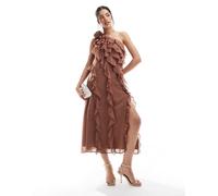 French Connection - Oskar - Vestito monospalla color mocha con volant e gonna al polpaccio-Marrone 42