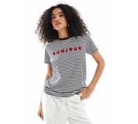 French Connection - T-shirt blu navy e bianca a righe con scritta "Bonjour"-Multicolore XS