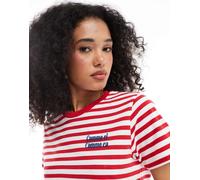 French Connection - T-shirt rossa e bianca a righe con scritta ricamata-Multicolore XS