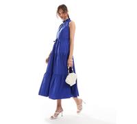 French Connection - Vestito al polpaccio a balze e accollato in popeline blu 42