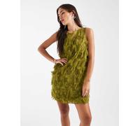 French Connection - Vestito corto in chiffon color oliva con frange-Verde M