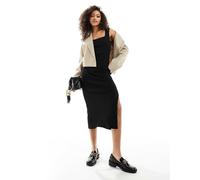 French Connection - Vestito midi nero a coste con scollo squadrato XS