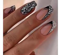 French False Nails Sequin Glitter Press on Nails Artificial Reusable Stick on Nails Square Short Fake Nails 24pcs for Women and Girls