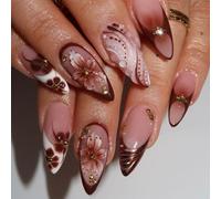 French Flower Carving Brown French Tip Nails Floral Party Wedding Formale Indossabile Press Manicure Nail Art