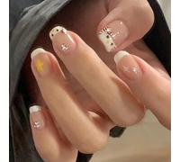 French Kitty, graziose unghie finte, extra corte, 24 pezzi, quadrate, a pressione, con perline a forma di sirena, design dal colore dolce, per donne e ragazze