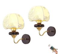 French Retro Battery Operated Wall Lights Rechargeable, Wireless Dimmable Battery Powered Wall Sconces, Not Hardwired Rubber Wood Wall Lamp with Pattern Globe Shade, for Bedroom Living Room Hallw