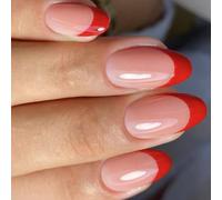 French Styles 24Pcs Glossys Red Holiday Design Breve a forma di mandorla scintilla di facile applicazione delicata sulla pelle unghie finte
