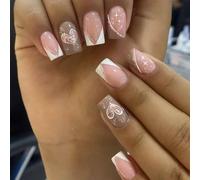 French Tip Acrilico Unghie Coperture Piene Unghie False San Valentino Premere Su Unghie Scintillante Cuore Stick On Nails