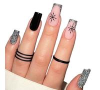 French Tip Press On Nails Argento Glittering Acrilico Unghie Lunghe Piazza Lucida Unghie Finte Coperture
