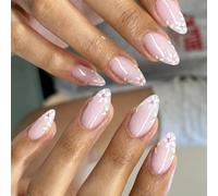 French Tip Press On Nails Breve Acrilico Unghie Con Fiori Disegni Mandorla Falso Per Le Donne Manicure 24Pcs Acrilico Nail