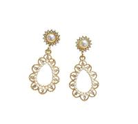 French Vintage Earrings, Gold Filigree Chandelier Dangle Earrings with Baroque Pearl, Elegant Wedding Party Jewelry for Women Bridesmaids